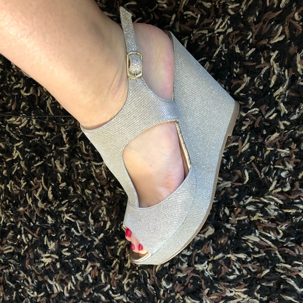 Betseyville Gold t-strap Wedges -Never Worn